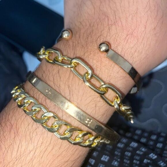 Unisex LOVE Men Women Gold Over Silver Chunky Gold Link Bangle Set - Picture 10 of 13